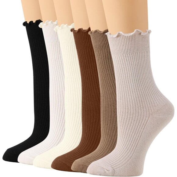 Brown Black  Women’s Ruffle Socks 6 Pairs Cute Frilly Cotton Knit Ankle Crew Set - Picture 1 of 6